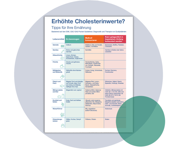 Patientenmaterial: Ernährungsübersicht Titelseite einer Broschüre mit dem Titel „Erhöhte Cholesterinwerte?“ Tipps für Ihre Ernährung“.