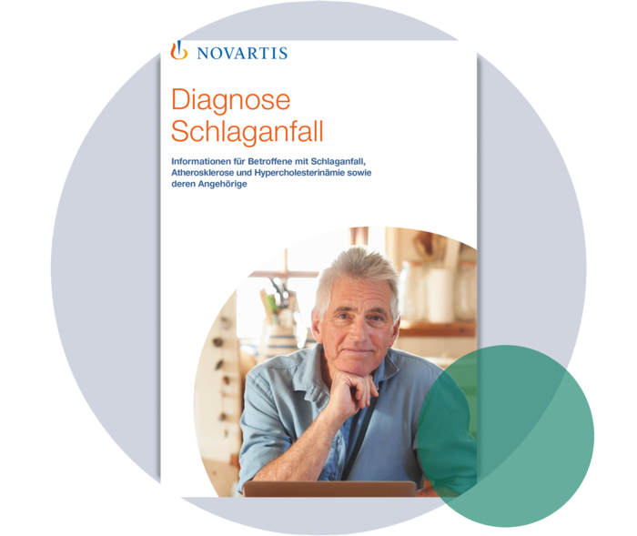 Broschüre: Schlaganfall Titelseite einer Broschüre mit der Überschrift: Diagnose Schlaganfall. Informationen für Betroffene mit Schlaganfall, Atherosklerose und Hypercholesterinämie sowie deren Angehörige.